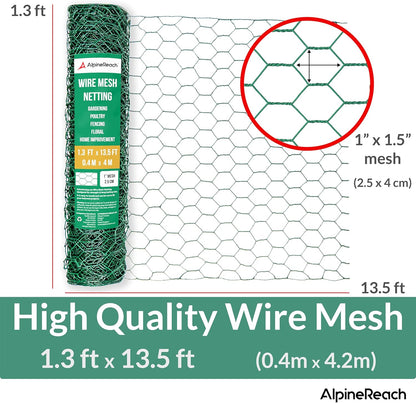 AlpineReach Chicken Wire 1.3ft x 13.5ft (15.6" x 162") for Floral Arrangements, Zip Ties - Green