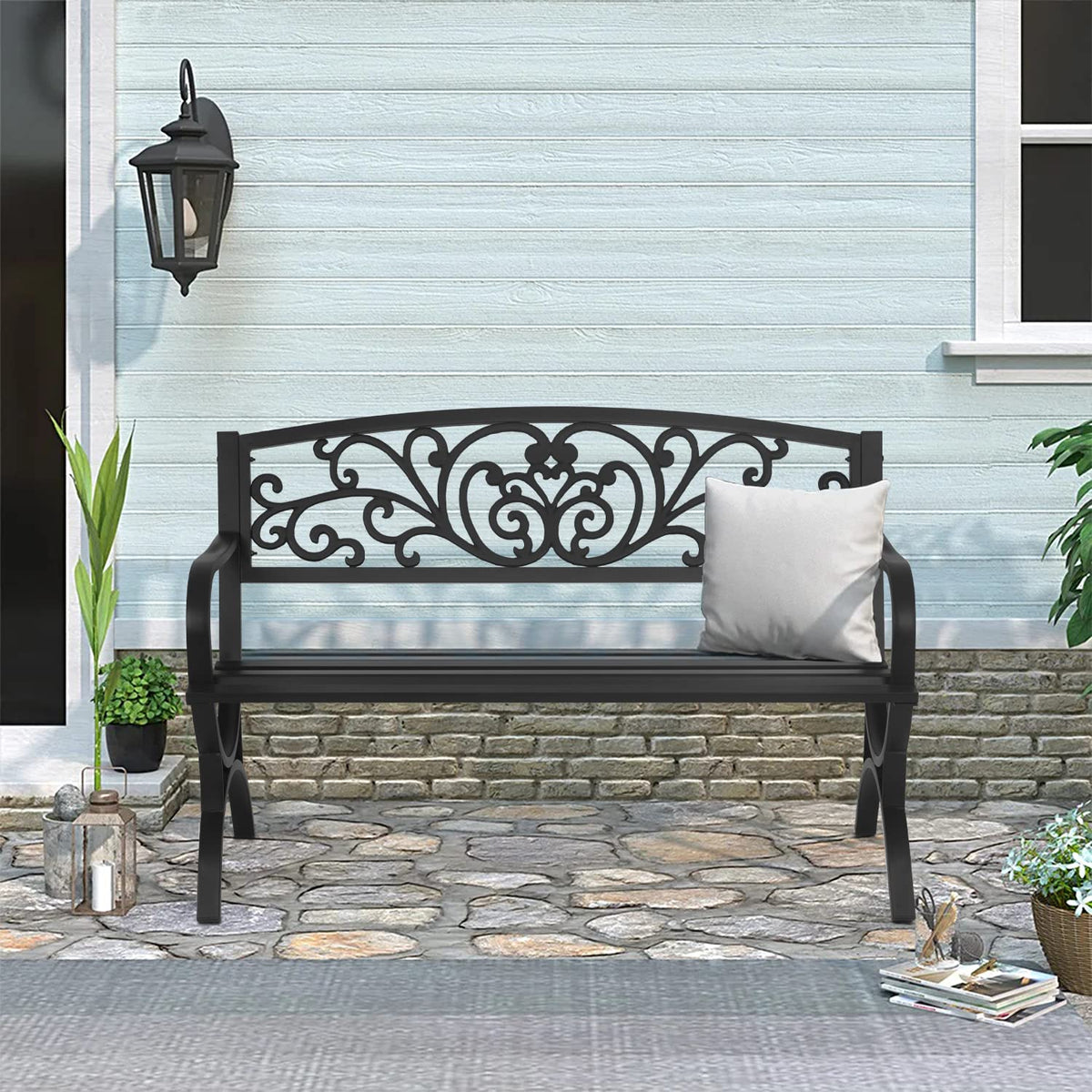 Patio Garden Bench 50 inch Outdoor Metal Loveseat Chairs with Armrests Slatted Seat and w/Floral