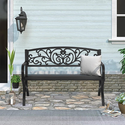 Patio Garden Bench 50 inch Outdoor Metal Loveseat Chairs with Armrests Slatted Seat and w/Floral