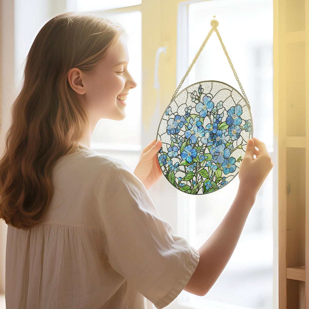 Stained Glass Window Hanging, 8 Inch Forget Me Not Stained Glass Suncatcher, Window Hanging Decor