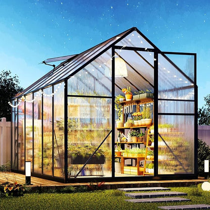 Jocisland 6x8x6.3 FT Polycarbonate Greenhouse for Outdoors with 2 Windows, Dual Swing Doors