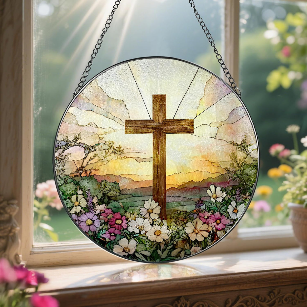 8 Inch Stained Glass Cross & Wildflowers Suncatcher Christian Hanging Ornament Gift for Religious