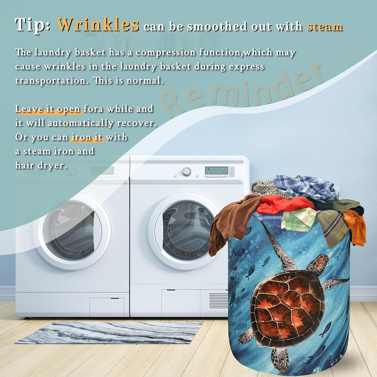 Sea Turtle Laundry Basket Foldable With Handles Watercolor Turtles Tote Bag Oxford Cloth Colorful