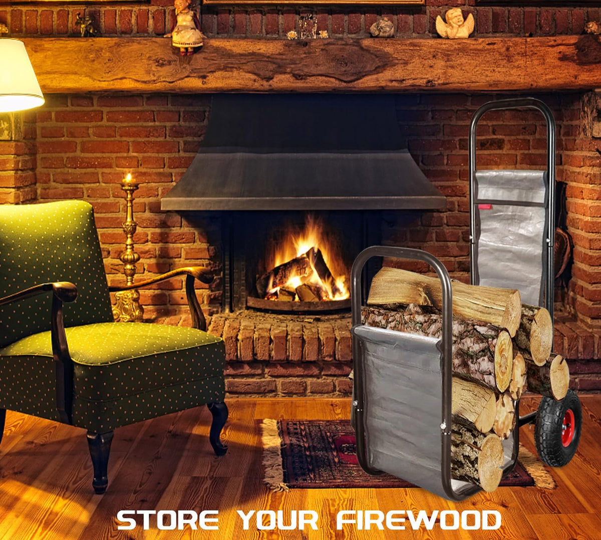 Firewood Cart: 44 X 27 X 20 in Heavy Duty 220 lbs Load Pneumatic Tires for Garden Backyard