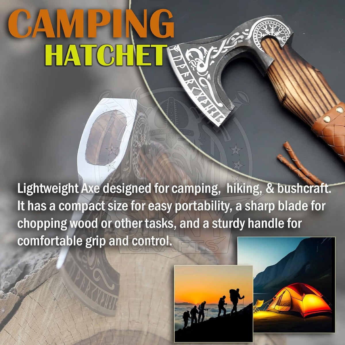 SHINY CRAFTS® Handcrafted Decorative Viking Axe with Leather-Wrapped Handle & Sheath – Engraved