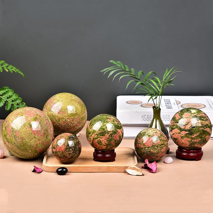 JIC Gem Unakite Stone Crystal Sphere Ball with Decorative Stand Quartz Crystal Ball Healing