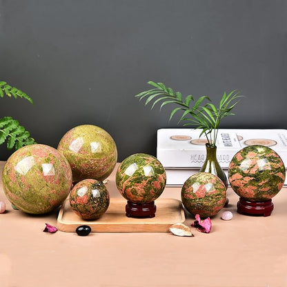 JIC Gem Unakite Stone Crystal Sphere Ball with Decorative Stand Quartz Crystal Ball Healing