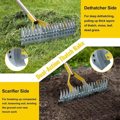 2 in 1 Rake: Stainless Steel Garden Rake for Leaves,Thatch,55” Heavy Duty 19 Tines Lawn Manual