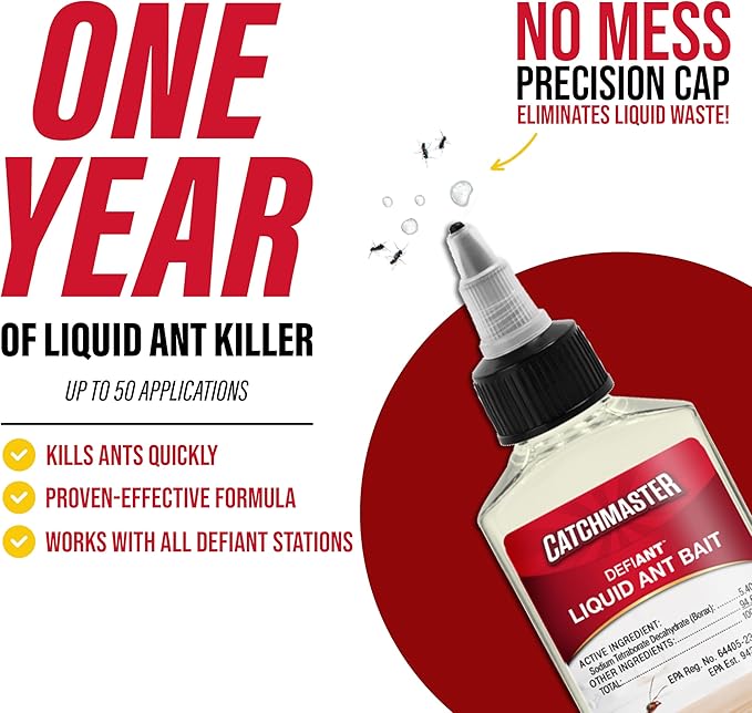 Catchmaster DEFIANT Premium Liquid Ant Killer, 1-Year Supply, Kills the Queen and Colony, No Mess