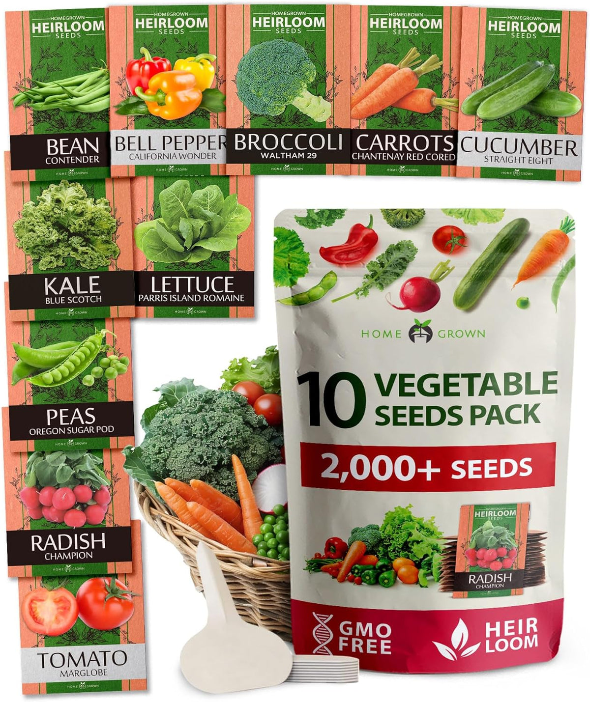 HOME GROWN Premium USA-Grown Vegetable Seeds - 10 Variety Pack with 5,800+ Non-GMO Heirloom Seeds
