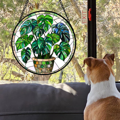 Stained Glass Window Hanging, Green Plant Monstera t Suncatcher Diamond Colorful Glass Panel Sun