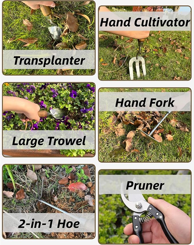 Garden Tool Set, 6PCS Heavy Duty Stainless Steel Gardening Hand Tools with Ropes, Includes Trowel