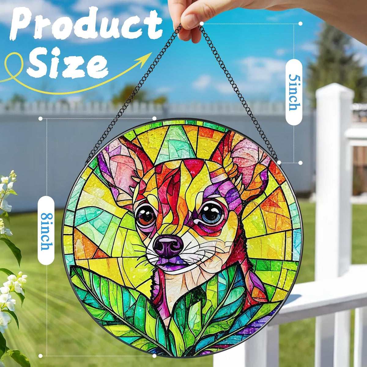 8″ Stained Glass Window Hanging Ornament, Vibrant Chihuahua Stained Glass Suncatcher Ornament