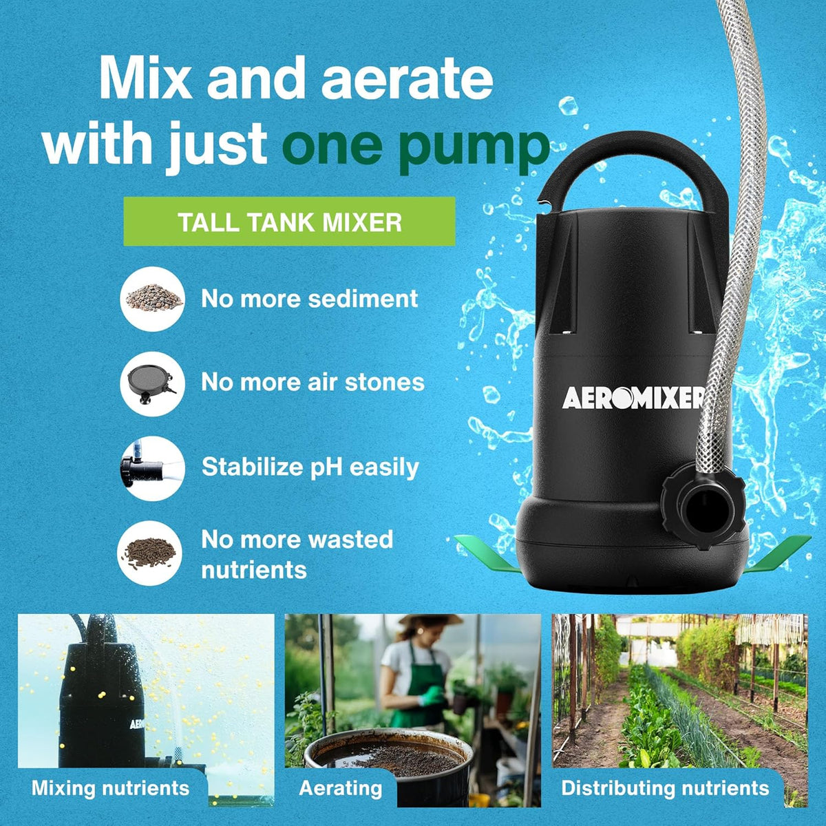 Aeromixer Tall 3/4 HP Submersible Mixing + Aerating Pump - Submersible Water Pump for Nutrient