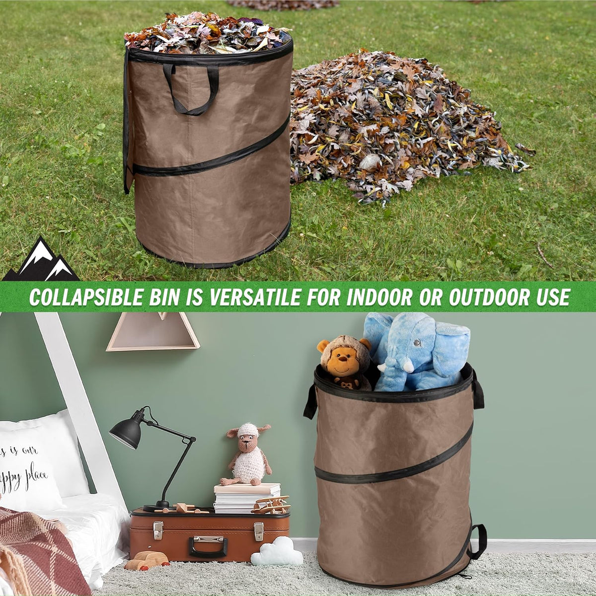 Wakeman Outdoor Trash Can - 46-Gallon Collapsible Garbage Can with 3 Stakes - Pop Up Trash Can for