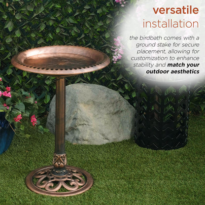Alpine Corporation | 28" Bronze Outdoor Pedestal Birdbath with Scrollwork Base and Ground Stakes