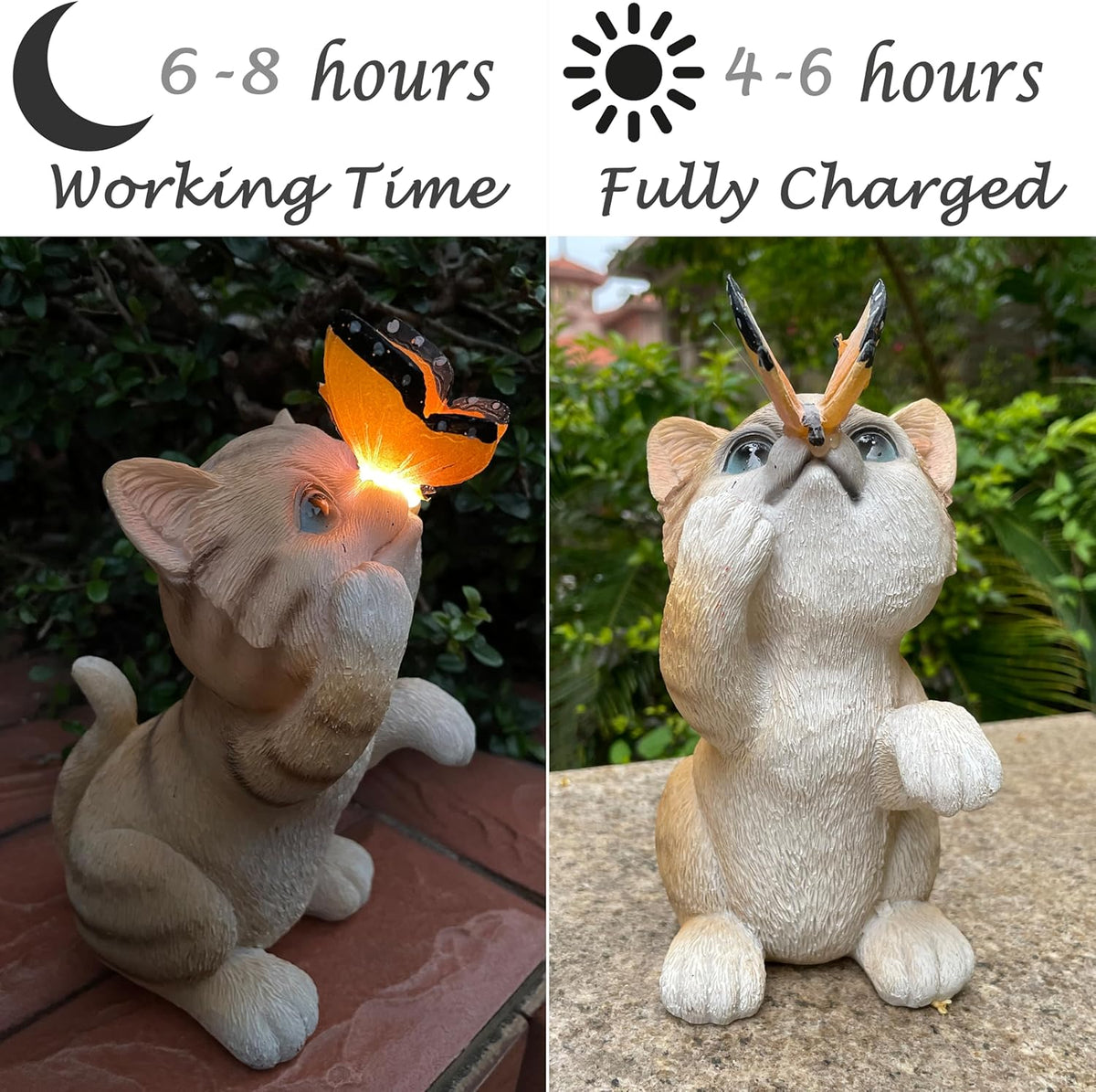 Garden Decor Solar Cat Figurines Cat Lover Gifts with LED Butterfly Lights for Indoor Outdoor Decor