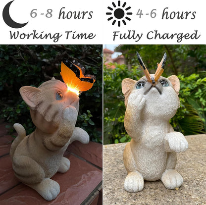Garden Decor Solar Cat Figurines Cat Lover Gifts with LED Butterfly Lights for Indoor Outdoor Decor