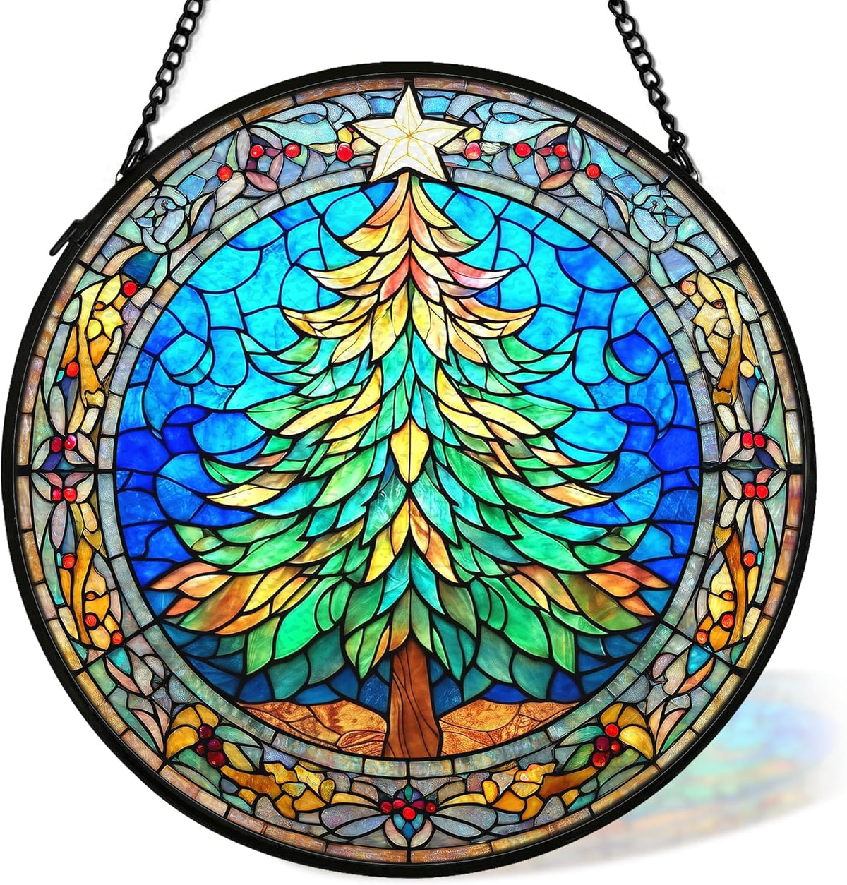 Christmas Tree Suncatcher Stained Glass Window Hanging Decor, Winter Xmas Tree Stained Glass Wall