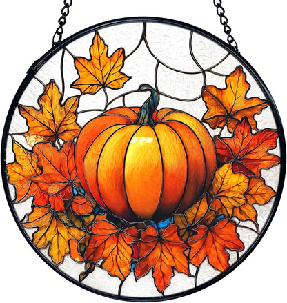 TNUW Fall Pumpkin Stained Glass Window Hanging, Farmhouse Autumn Pumpkin Maple Leaf Sun Catchers