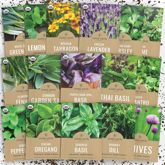 Organic Herb Seeds Variety Pack - 16 Individual Packs - 2025 Season - Basil, Cilantro, Dill, Thyme
