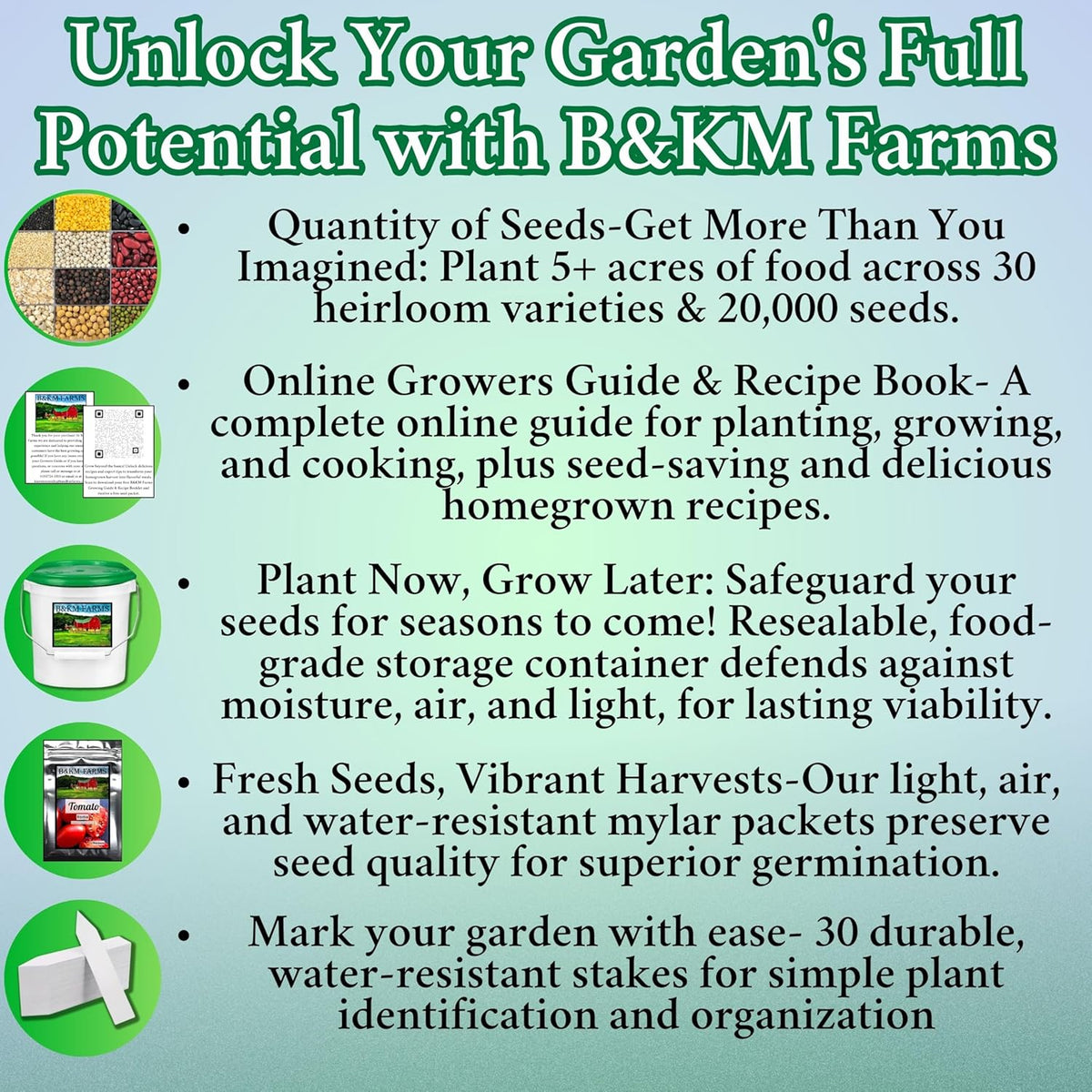 B&KM Farms 20,000+ Survival Seed Kit 5+ Year Supply. 30 Fruit & Vegetable Non-GMO Heirloom Seeds