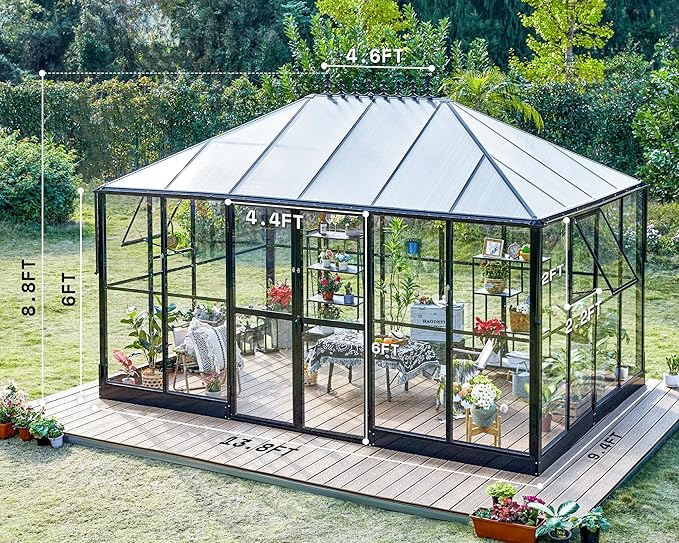 AMERLIFE 14x9.5x9 FT Hybrid Polycarbonate Greenhouse Quick Connector Fast Assembly, Swing 2 Doors