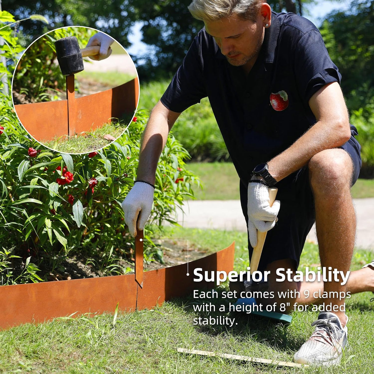 Solution4Patio 8-Pack Corten Steel Garden Landscape Edging with 9X Clips, 10" H Hammer-in Heavy