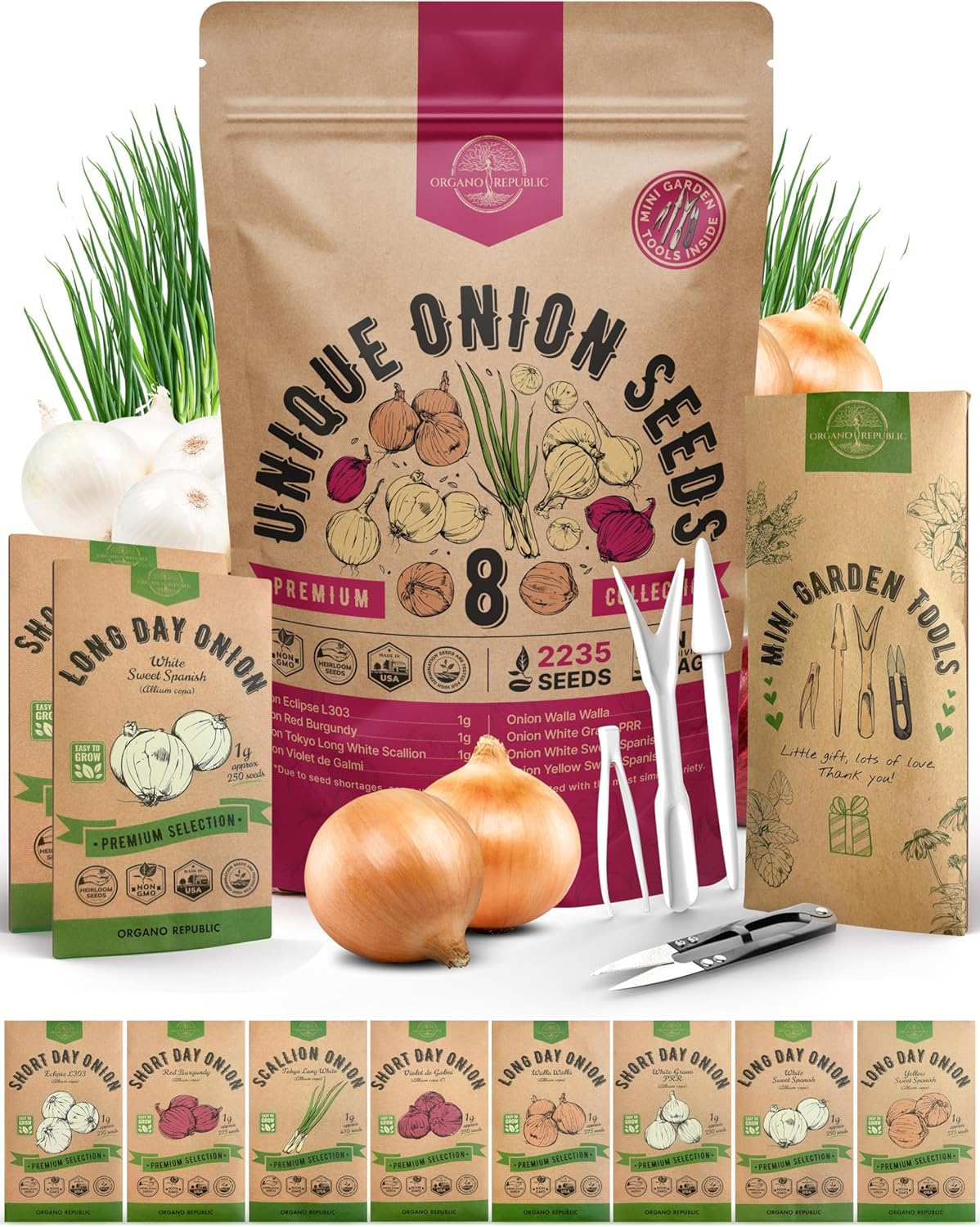 Organo Republic 8 Onion Seeds Variety Pack Heirloom, Non-GMO, Sets for Indoors, Outdoors Gardening.