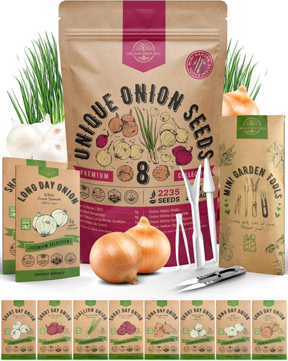 Organo Republic 8 Onion Seeds Variety Pack Heirloom, Non-GMO, Sets for Indoors, Outdoors Gardening.