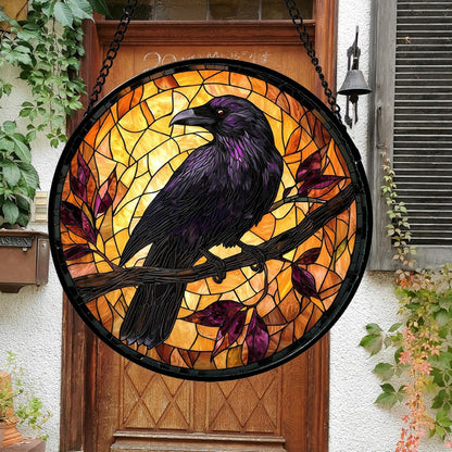 Stained Glass Window Hanging - Crow on a Branch Suncatcher Ready to Hang Window Doors Home