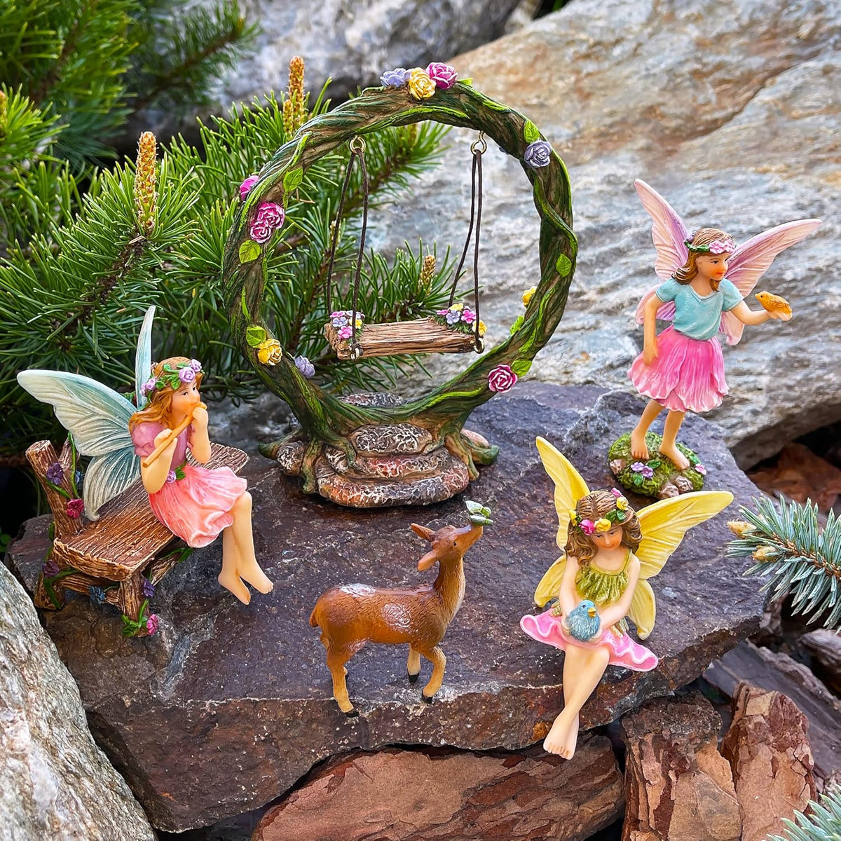 Mood Lab Fairy Garden Kit - Swing Set of 6 pcs Miniature Figurines & Accessories - Hand Painted for