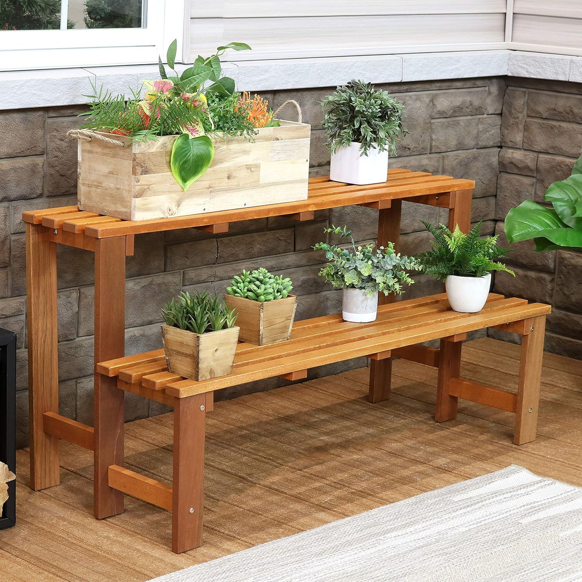 Sunnydaze 2-Tier Meranti Outdoor Wood Plant Stand - Indoor Plant Bench with Teak Oil Finish