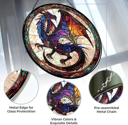 Dragon Stained Glass Window Hanging Suncatcher 12" Glass Panel with Metal Chain Sun Catchers Wall
