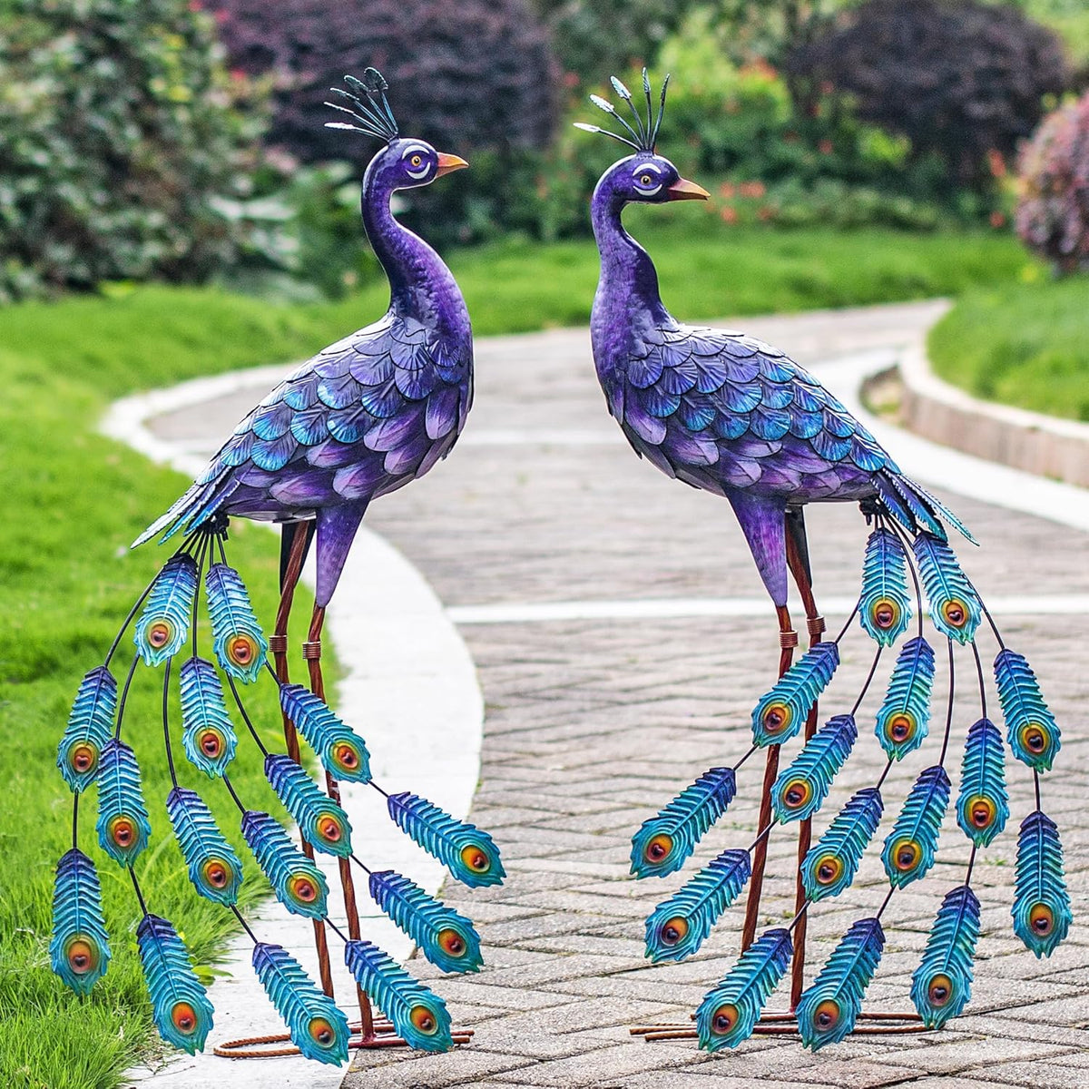 Kircust Purple Peacock Garden Statue and Sculpture, Metal Peacocks Yard Art Lawn Decor, Large Birds