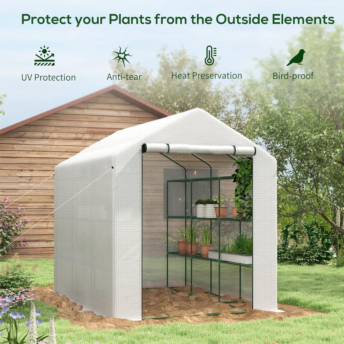 Outsunny 8' x 6' x 7' Walk-in Greenhouse, PE Cover, 4-Tier Shelves, Steel Frame Hot House, Roll-Up