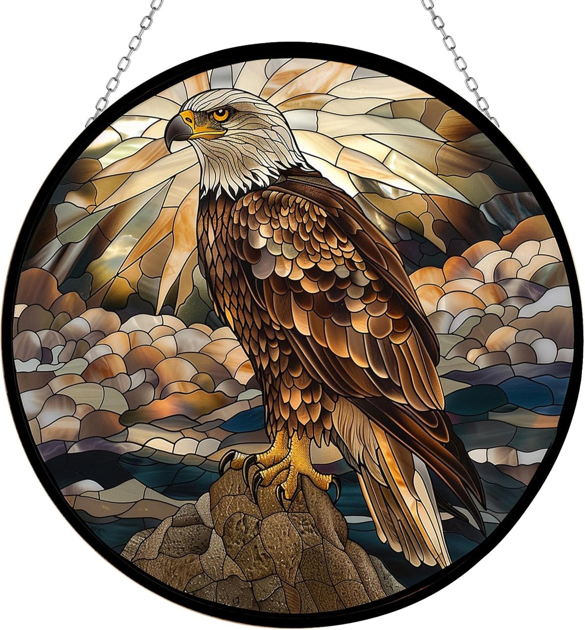 Eagle Stained Glass Window Hanging Window Suncatcher 12" Glass Panel with Metal Chain and Hooks Sun