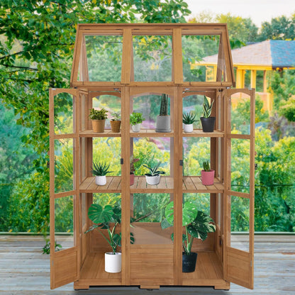 MCombo Wooden Greenhouse, Outdoor Greenhouse with Adjustable Roof Vent and 6 Lockable Door for