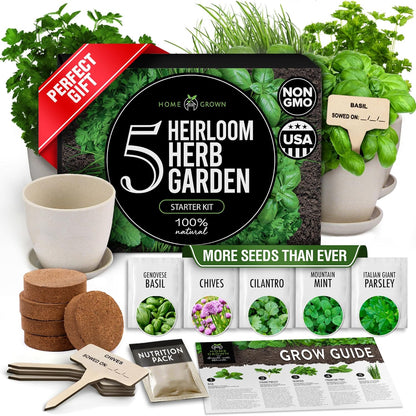 HOME GROWN Indoor Herb Garden Starter Kit - Christmas Gift for Gardeners - Complete 5 Herb Plant