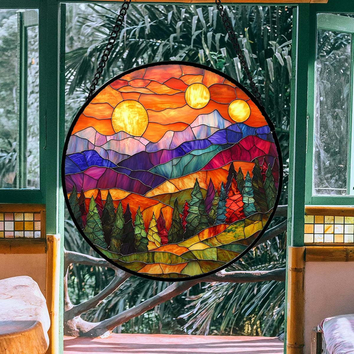 Stained Glass Window Hanging, Sunset Abstract Sun Catchers Colorful Glass Panel Landscape
