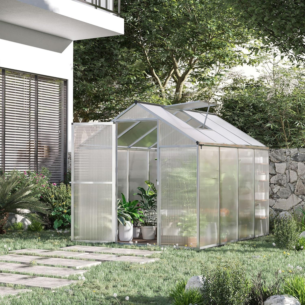Outsunny 8' x 6' Greenhouse for Outdoors, Polycarbonate Greenhouse with Rain Gutter and Roof Vent