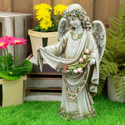 Roman Josephs Studio Inspirational Girl Angel Wearing Floral Trimmed Gown with Birds Garden Statue