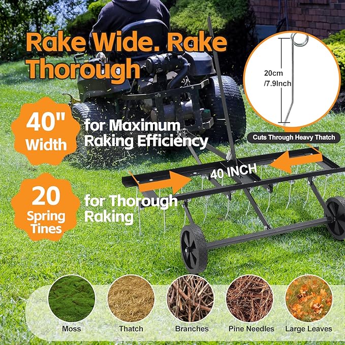 Tow Behind Dethatcher: 40inch Pull Behind Lawn Rake with 20 Spring Steel Tines Heavy Duty Lawn