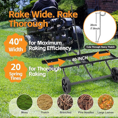 Tow Behind Dethatcher: 40inch Pull Behind Lawn Rake with 20 Spring Steel Tines Heavy Duty Lawn