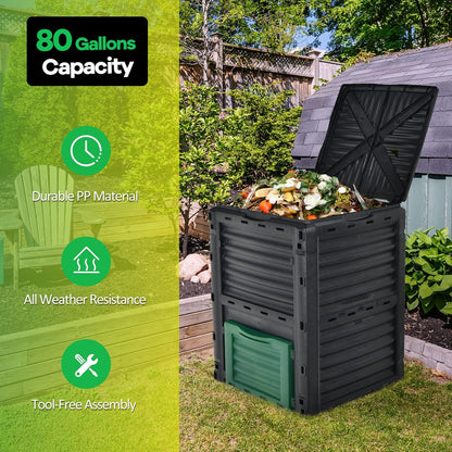 Goplus Compost Bin, 80 Gallon (300 L) Large Outdoor Composting Box w/Top Flip Latch-on Lid, Bottom