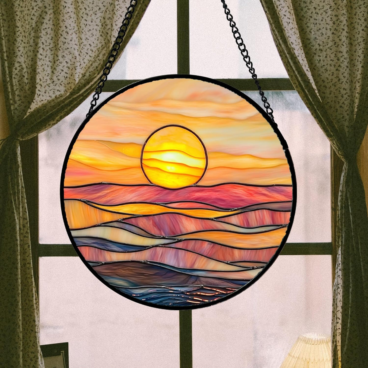 Stained Glass Window Hanging, Orange Sunrise Suncatcher Diamond Glass Panel Hangings Scenery Sun