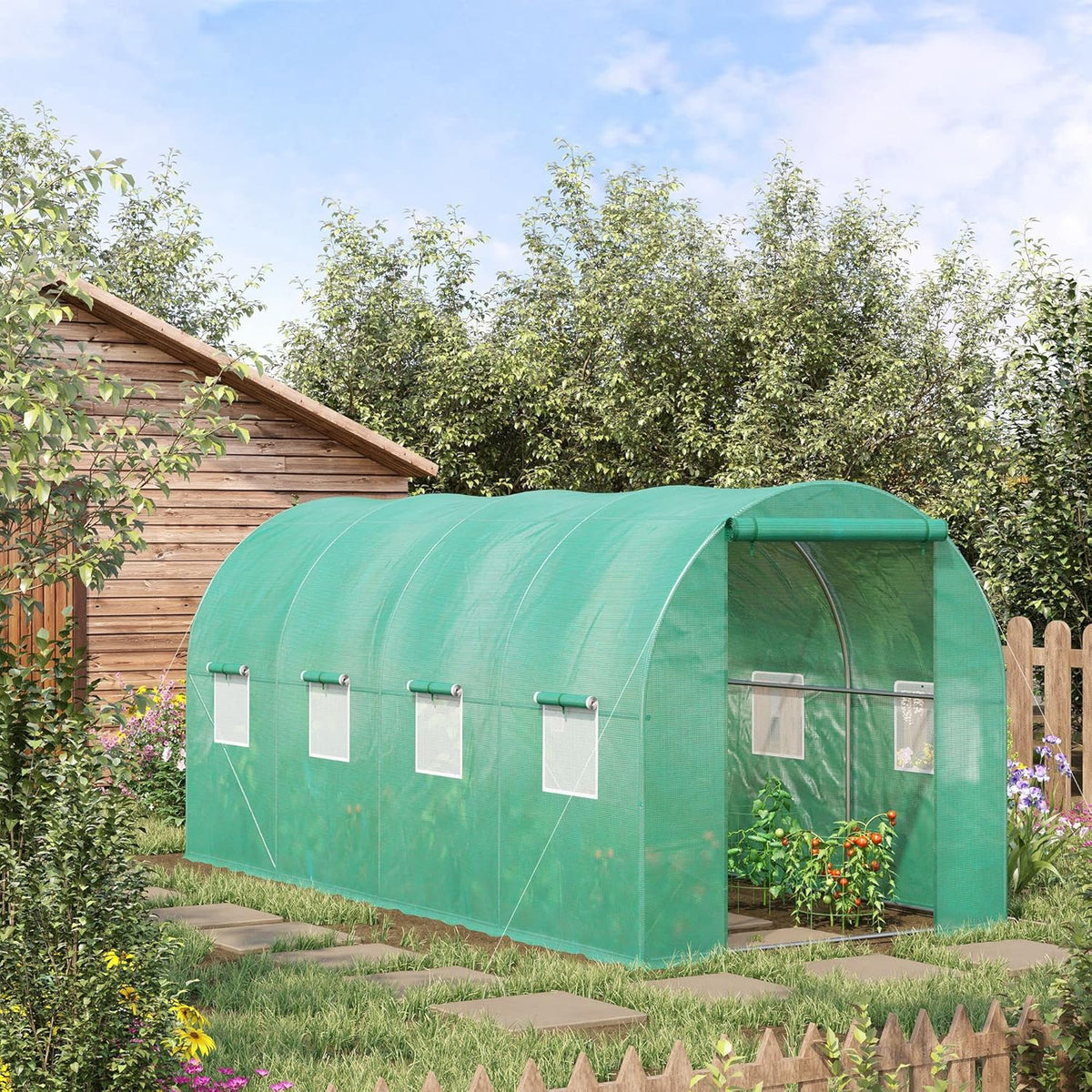 Outsunny 15' x 7' x 6.5' Walk-in Tunnel Hoop Greenhouse, Green House for Outside with PE Cover