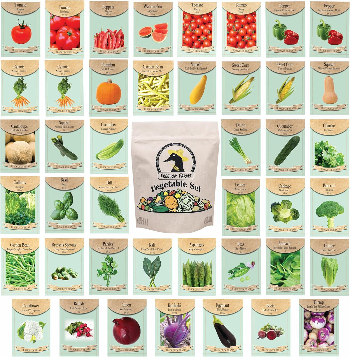 Set of 43 Assorted Vegetable & Herb Seed Packets - Over 10,000 Seeds! - Includes Mylar Storage Bag