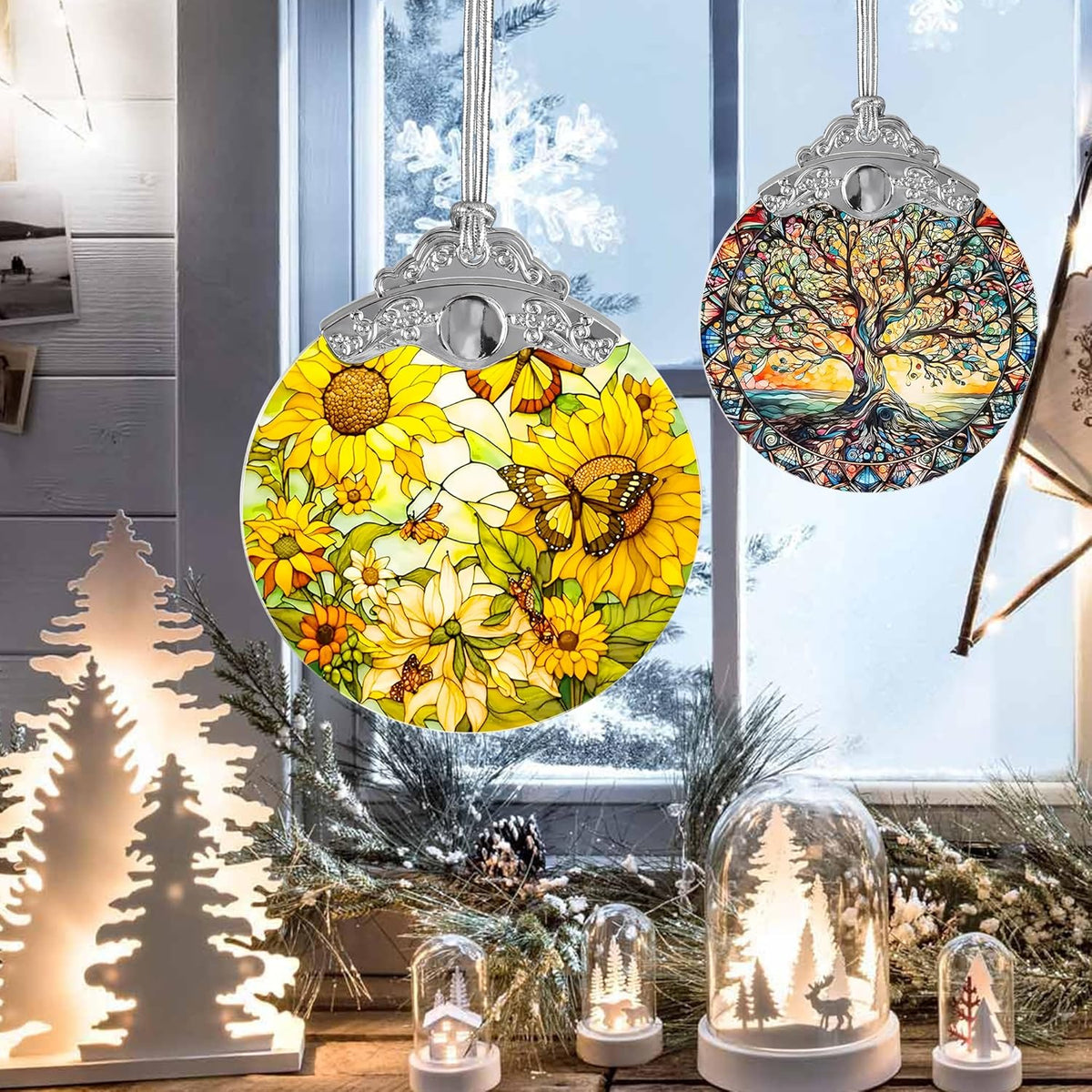 Stained Glass Suncatcher, Jocidea Sunflower and Butterfly Decor, Christmas Ornament, Holidays