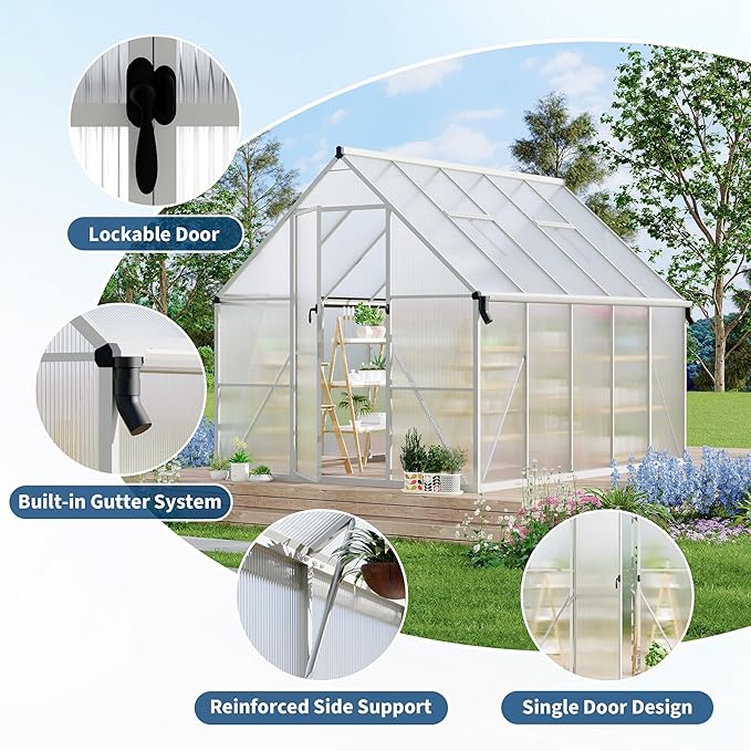 8'X10' Aluminum-Framed Polycarbonate Greenhouse, Heavy Duty Polycarbonate Greenhouse with Quick